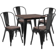 Flash Furniture CH-WD-TBCH-18-GG 31.5" Square Black Metal Table Set with Wood Top and 4 Stack Chairs