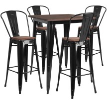 Flash Furniture CH-WD-TBCH-19-GG 31.5" Square Black Metal Bar Table Set with Wood Top and 4 Stools