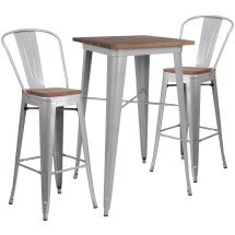 Flash Furniture CH-WD-TBCH-2-GG 23.5&quot; Square Silver Metal Bar Table Set with Wood Top and 2 Stools