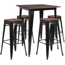 Flash Furniture CH-WD-TBCH-20-GG 31.5" Square Black Metal Bar Table Set with Wood Top and 4 Backless Stools