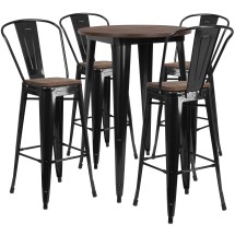 Flash Furniture CH-WD-TBCH-25-GG 30" Round Black Metal Bar Table Set with Wood Top and 4 Stools