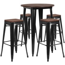 Flash Furniture CH-WD-TBCH-26-GG 30" Round Black Metal Bar Table Set with Wood Top and 4 Backless Stools