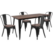 Flash Furniture CH-WD-TBCH-27-GG 30.25" x 60" Black Metal Table Set with Wood Top and 4 Stack Chairs