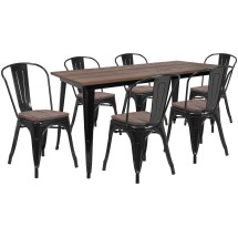 Flash Furniture CH-WD-TBCH-28-GG 30.25" x 60" Black Metal Table Set with Wood Top and 6 Stack Chairs