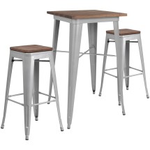 Flash Furniture CH-WD-TBCH-3-GG 23.5" Square Silver Metal Bar Table Set with Wood Top and 2 Backless Stools