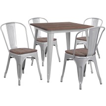 Flash Furniture CH-WD-TBCH-4-GG 31.5" Square Silver Metal Table Set with Wood Top and 4 Stack Chairs