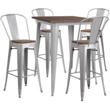Flash Furniture CH-WD-TBCH-5-GG 31.5" Square Silver Metal Bar Table Set with Wood Top and 4 Stools
