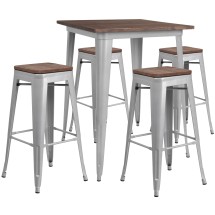 Flash Furniture CH-WD-TBCH-6-GG 31.5" Square Silver Metal Bar Table Set with Wood Top and 4 Backless Stools