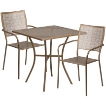 Flash Furniture CO-28SQ-02CHR2-GD-GG 28" Square Gold Indoor/Outdoor Steel Patio Table Set with 2 Square Back Chairs