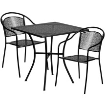 Flash Furniture CO-28SQ-03CHR2-BK-GG 28" Square Black Indoor/Outdoor Steel Patio Table Set with 2 Round Back Chairs