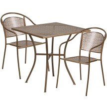Flash Furniture CO-28SQ-03CHR2-GD-GG 28" Square Gold Indoor/Outdoor Steel Patio Table Set with 2 Round Back Chairs