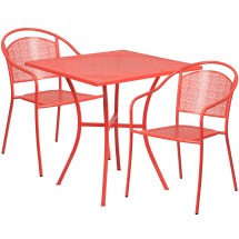 Flash Furniture CO-28SQ-03CHR2-RED-GG 28" Square Coral Indoor/Outdoor Steel Patio Table Set with 2 Round Back Chairs