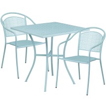 Flash Furniture CO-28SQ-03CHR2-SKY-GG 28" Square Sky Blue Indoor/Outdoor Steel Patio Table Set with 2 Round Back Chairs