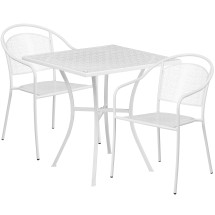 Flash Furniture CO-28SQ-03CHR2-WH-GG 28" Square White Indoor/Outdoor Steel Patio Table Set with 2 Round Back Chairs