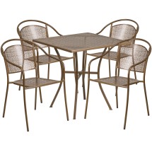Flash Furniture CO-28SQ-03CHR4-GD-GG 28" Square Gold Indoor/Outdoor Steel Patio Table Set with 4 Round Back Chairs