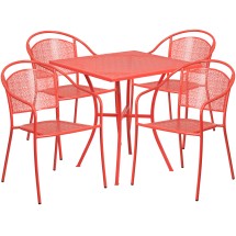 Flash Furniture CO-28SQ-03CHR4-RED-GG 28" Square Coral Indoor/Outdoor Steel Patio Table Set with 4 Round Back Chairs