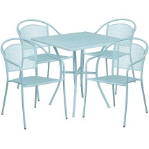 Flash Furniture CO-28SQ-03CHR4-SKY-GG 28" Square Sky Blue Indoor/Outdoor Steel Patio Table Set with 4 Round Back Chairs
