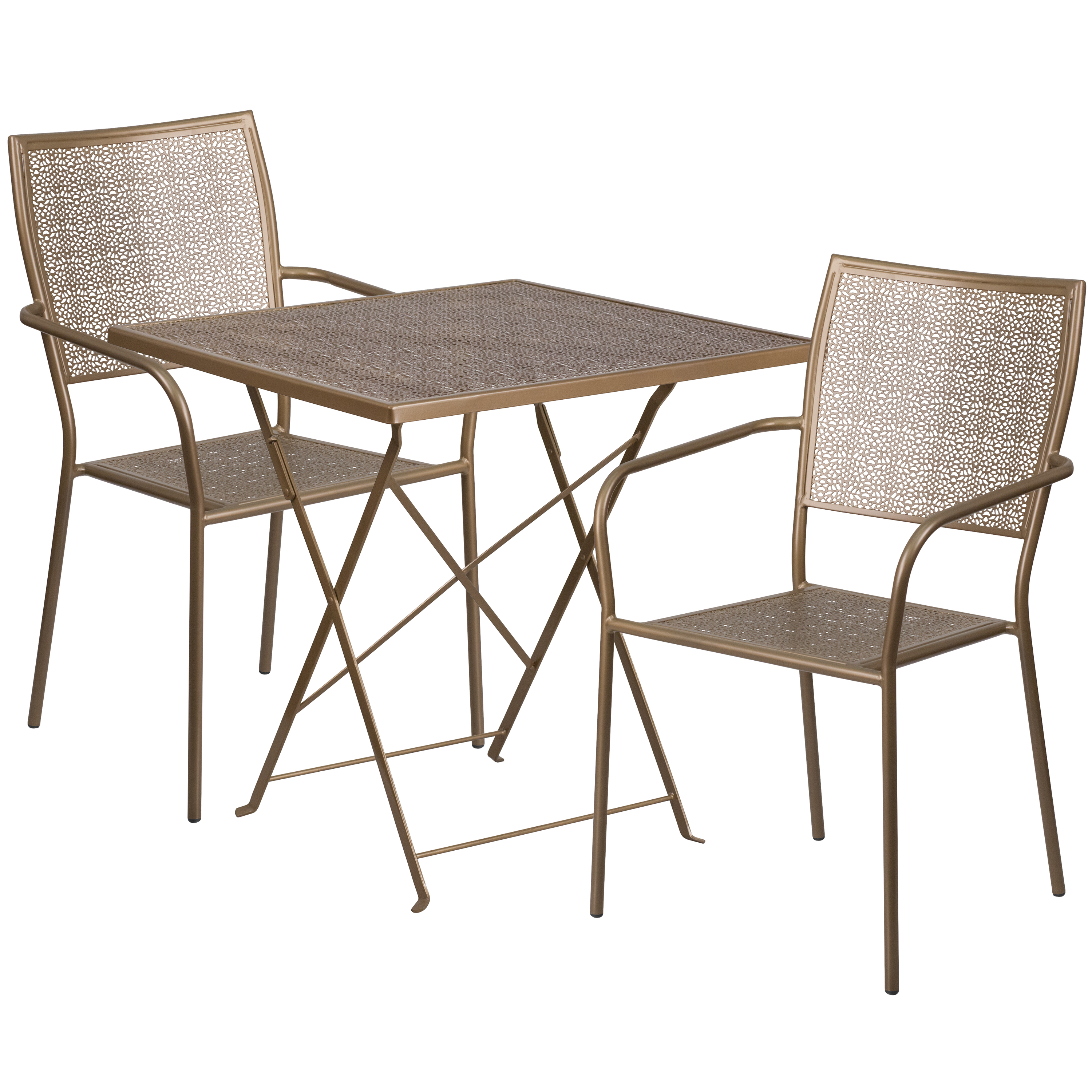 Flash Furniture CO-28SQF-02CHR2-GD-GG 28" Square Gold Indoor/Outdoor Steel Folding Patio Table Set with 2 Square Back Chairs