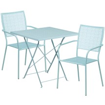 Flash Furniture CO-28SQF-02CHR2-SKY-GG 28" Square Sky Blue Indoor/Outdoor Steel Folding Patio Table Set with 2 Square Back Chairs