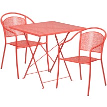 Flash Furniture CO-28SQF-03CHR2-RED-GG 28&quot; Square Coral Indoor/Outdoor Steel Folding Patio Table Set with 2 Round Back Chairs