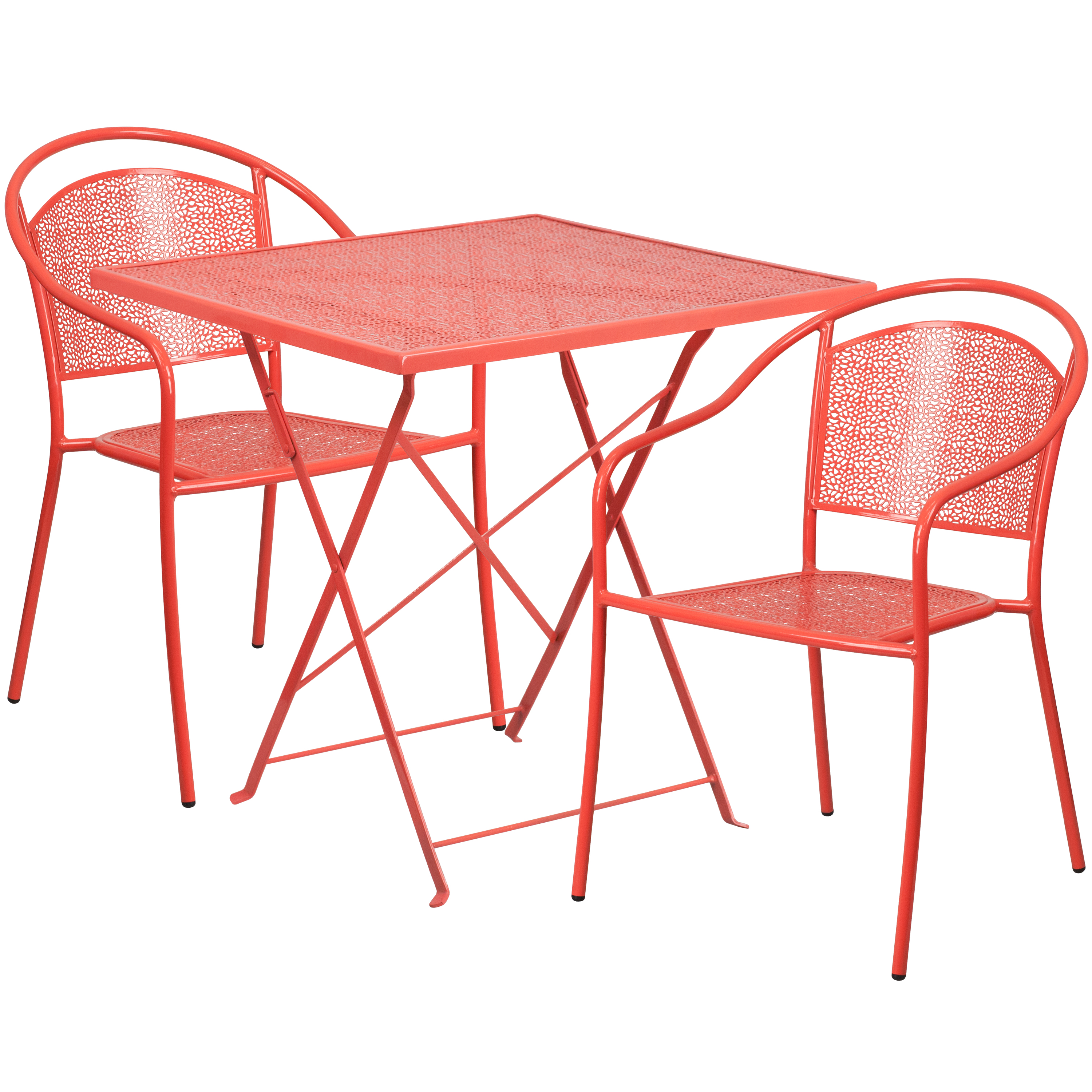 Flash Furniture CO-28SQF-03CHR2-RED-GG 28" Square Coral Indoor/Outdoor Steel Folding Patio Table Set with 2 Round Back Chairs