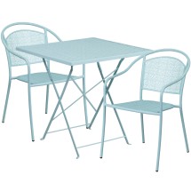 Flash Furniture CO-28SQF-03CHR2-SKY-GG 28" Square Sky Blue Indoor/Outdoor Steel Folding Patio Table Set with 2 Round Back Chairs