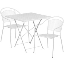 Flash Furniture CO-28SQF-03CHR2-WH-GG 28" Square White Indoor/Outdoor Steel Folding Patio Table Set with 2 Round Back Chairs