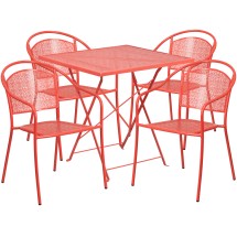 Flash Furniture CO-28SQF-03CHR4-RED-GG 28&quot; Square Coral Indoor/Outdoor Steel Folding Patio Table Set with 4 Round Back Chairs