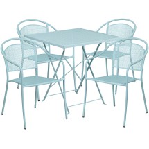 Flash Furniture CO-28SQF-03CHR4-SKY-GG 28&quot; Square Sky Blue Indoor/Outdoor Steel Folding Patio Table Set with 4 Round Back Chairs