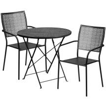Flash Furniture CO-30RDF-02CHR2-BK-GG 30" Round Black Indoor/Outdoor Steel Folding Patio Table Set with 2 Square Back Chairs