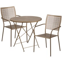 Flash Furniture CO-30RDF-02CHR2-GD-GG 30" Round Gold Indoor/Outdoor Steel Folding Patio Table Set with 2 Square Back Chairs