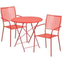 Flash Furniture CO-30RDF-02CHR2-RED-GG 30&quot; Round Coral Indoor/Outdoor Steel Folding Patio Table Set with 2 Square Back Chairs