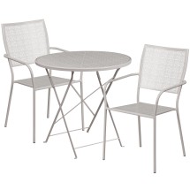 Flash Furniture CO-30RDF-02CHR2-SIL-GG 30" Round Light Gray Indoor/Outdoor Steel Folding Patio Table Set with 2 Square Back Chairs