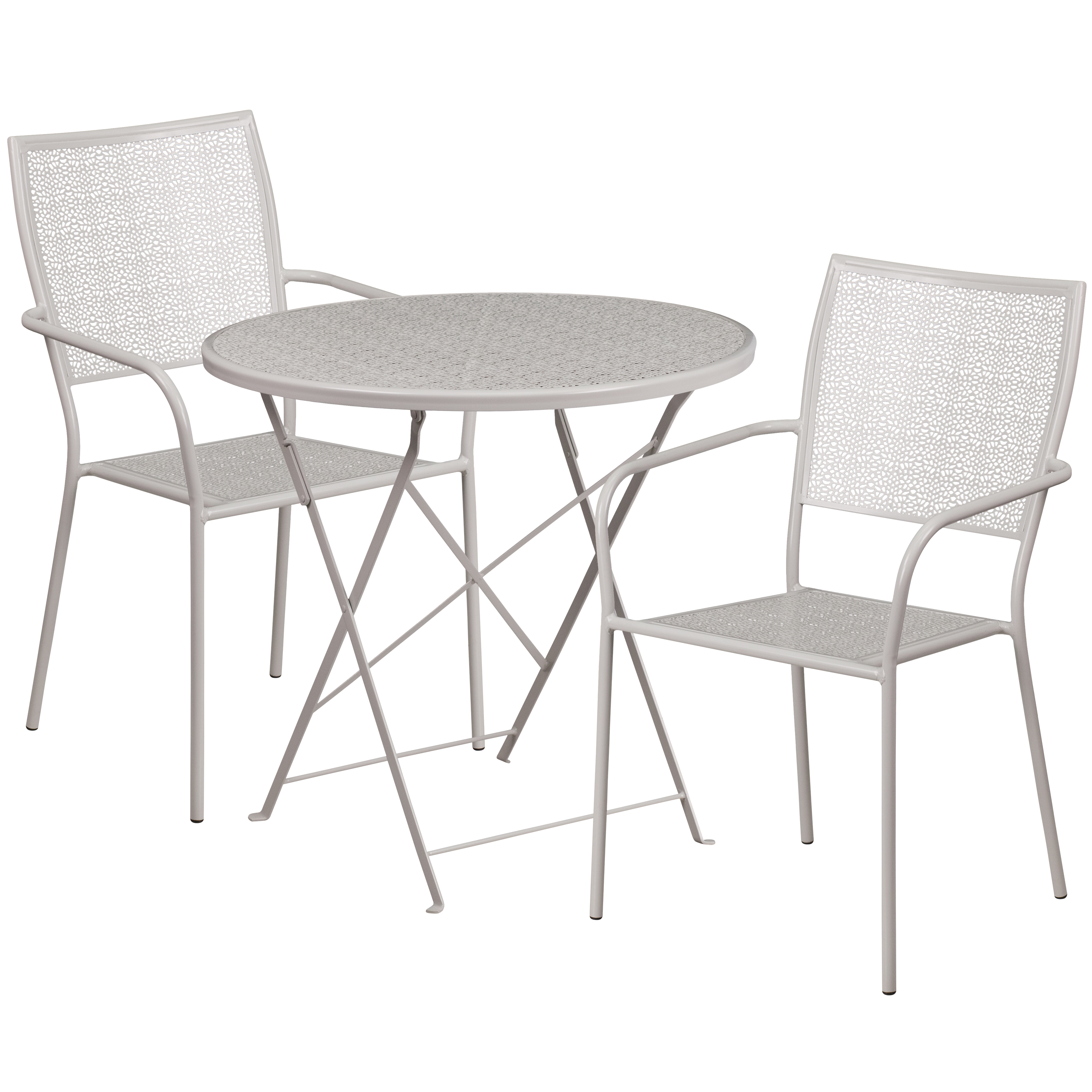 Flash Furniture CO-30RDF-02CHR2-SIL-GG 30" Round Light Gray Indoor/Outdoor Steel Folding Patio Table Set with 2 Square Back Chairs