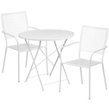 Flash Furniture CO-30RDF-02CHR2-WH-GG 30" Round White Indoor/Outdoor Steel Folding Patio Table Set with 2 Square Back Chairs
