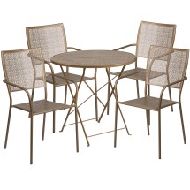 Flash Furniture CO-30RDF-02CHR4-GD-GG 30" Round Gold Indoor/Outdoor Steel Folding Patio Table Set with 4 Square Back Chairs