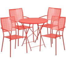 Flash Furniture CO-30RDF-02CHR4-RED-GG 30" Round Coral Indoor/Outdoor Steel Folding Patio Table Set with 4 Square Back Chairs