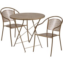 Flash Furniture CO-30RDF-03CHR2-GD-GG 30&quot; Round Gold Indoor/Outdoor Steel Folding Patio Table Set with 2 Round Back Chairs