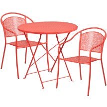 Flash Furniture CO-30RDF-03CHR2-RED-GG 30&quot; Round Coral Indoor/Outdoor Steel Folding Patio Table Set with 2 Round Back Chairs