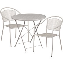 Flash Furniture CO-30RDF-03CHR2-SIL-GG 30" Round Light Gray Indoor/Outdoor Steel Folding Patio Table Set with 2 Round Back Chairs
