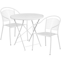 Flash Furniture CO-30RDF-03CHR2-WH-GG 30" Round White Indoor/Outdoor Steel Folding Patio Table Set with 2 Round Back Chairs