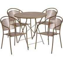 Flash Furniture CO-30RDF-03CHR4-GD-GG 30" Round Gold Indoor/Outdoor Steel Folding Patio Table Set with 4 Round Back Chairs