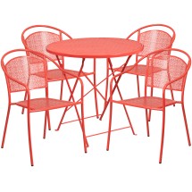 Flash Furniture CO-30RDF-03CHR4-RED-GG 30" Round Coral Indoor/Outdoor Steel Folding Patio Table Set with 4 Round Back Chairs