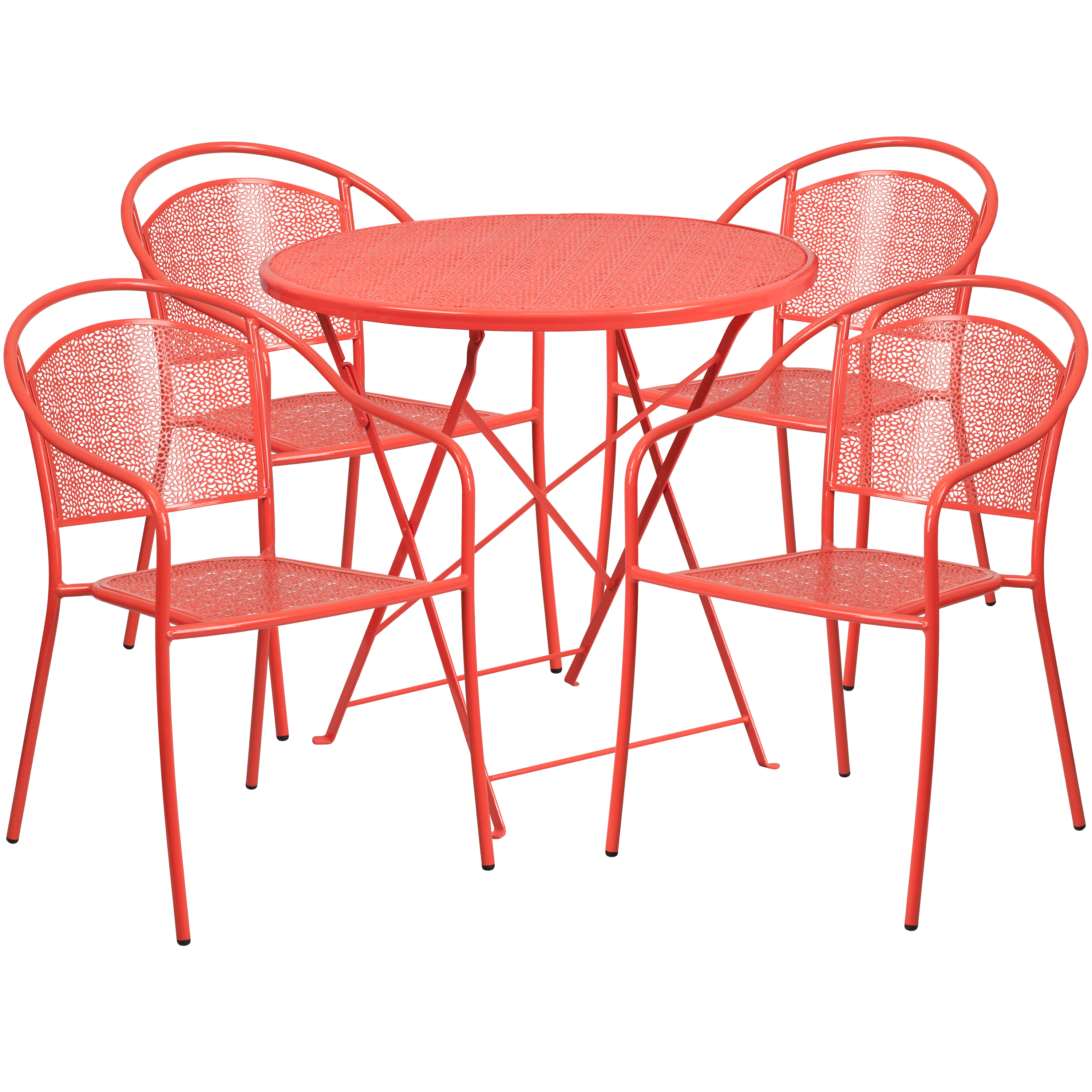 Flash Furniture CO-30RDF-03CHR4-RED-GG 30" Round Coral Indoor/Outdoor Steel Folding Patio Table Set with 4 Round Back Chairs