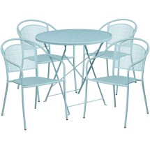 Flash Furniture CO-30RDF-03CHR4-SKY-GG 30" Round Sky Blue Indoor/Outdoor Steel Folding Patio Table Set with 4 Round Back Chairs