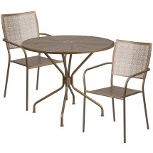 Flash Furniture CO-35RD-02CHR2-GD-GG 35.25" Round Gold Indoor/Outdoor Steel Patio Table Set with 2 Square Back Chairs