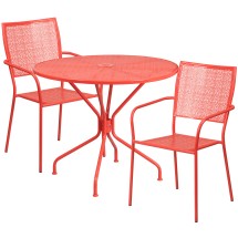 Flash Furniture CO-35RD-02CHR2-RED-GG 35.25" Round Coral Indoor/Outdoor Steel Patio Table Set with 2 Square Back Chairs