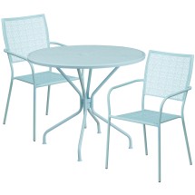 Flash Furniture CO-35RD-02CHR2-SKY-GG 35.25&quot; Round Sky Blue Indoor/Outdoor Steel Patio Table Set with 2 Square Back Chairs