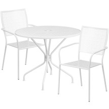 Flash Furniture CO-35RD-02CHR2-WH-GG 35.25" Round White Indoor/Outdoor Steel Patio Table Set with 2 Square Back Chairs