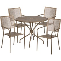 Flash Furniture CO-35RD-02CHR4-GD-GG 35.25&quot; Round Gold Indoor/Outdoor Steel Patio Table Set with 4 Square Back Chairs